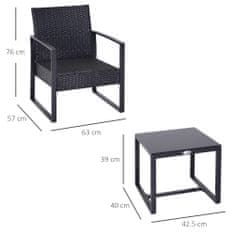 OUTSUNNY kültéri rattan bútor teríték 2 székkel és párnával, fekete
