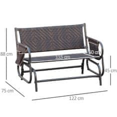 OUTSUNNY Kerti pad oldalsó zsebbel, 2 személyes, Rattan / Acél, 122x75x88cm, Barna / Fekete