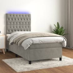 shumee világosszürke bársony rugós és LED-es ágy matraccal 90x200 cm